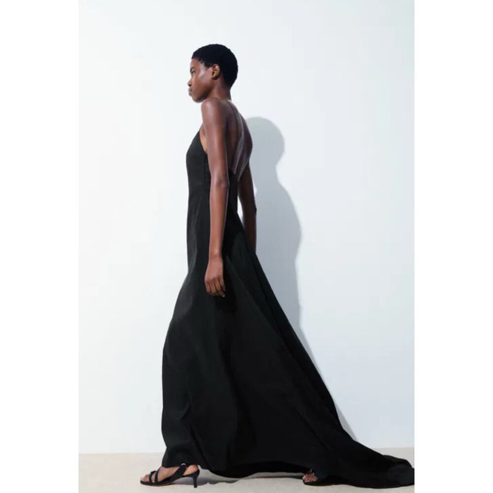 Cos Atelier Black Linen V Neck Maxi Dress Gown with Train 14 NWT $290